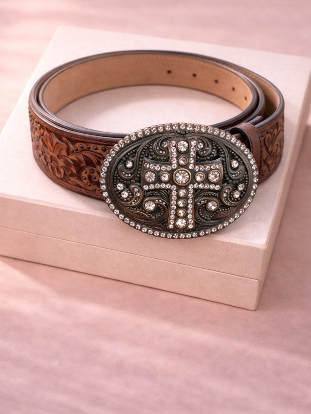 Justin Boots Western Leather Belt Cross Rhinestone Buckle Tooled Brown Size 34